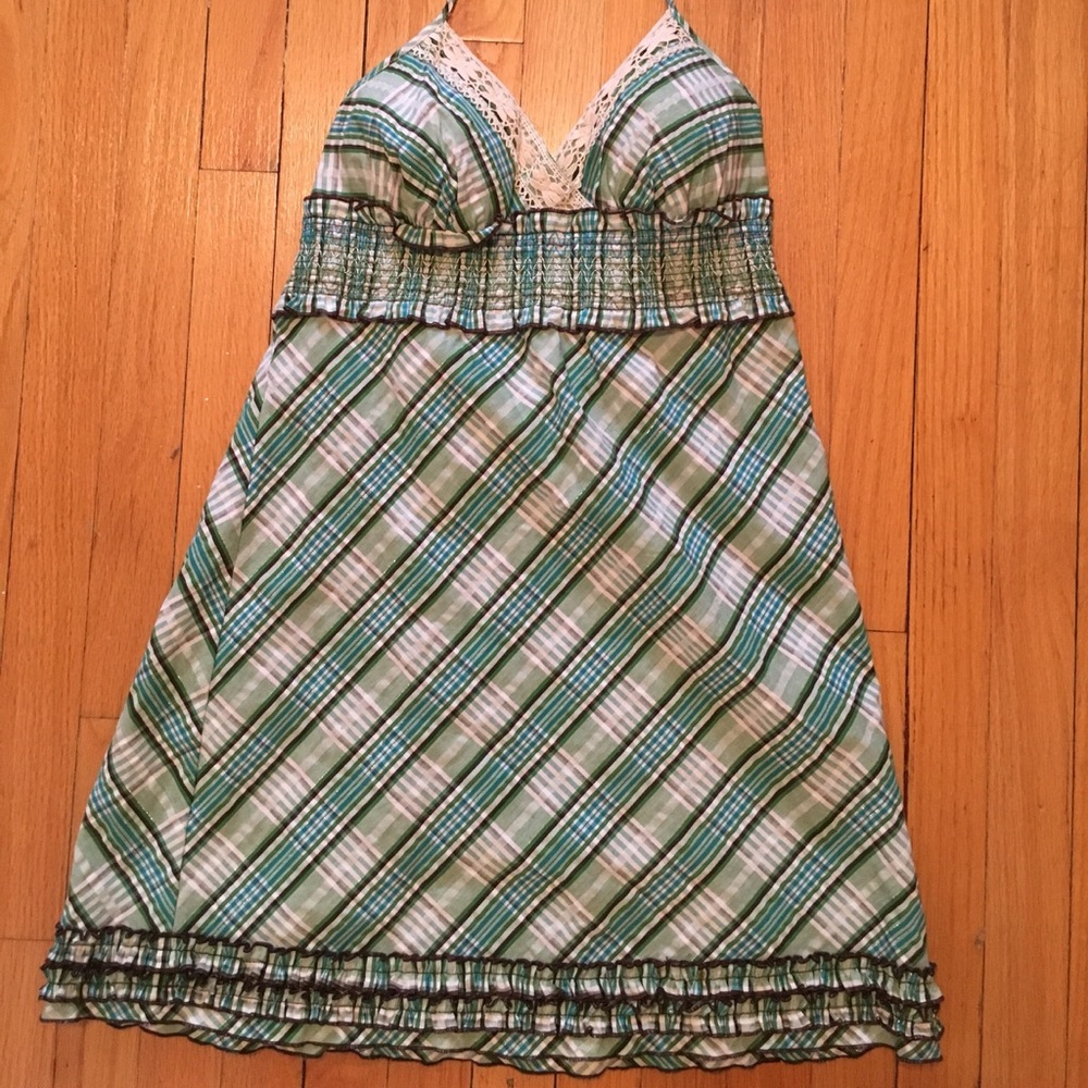 Green plaid halter top A line dress